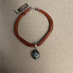 CINER Vintage Necklace /leather cord with semiprecious turquoise pendant. 17” L
